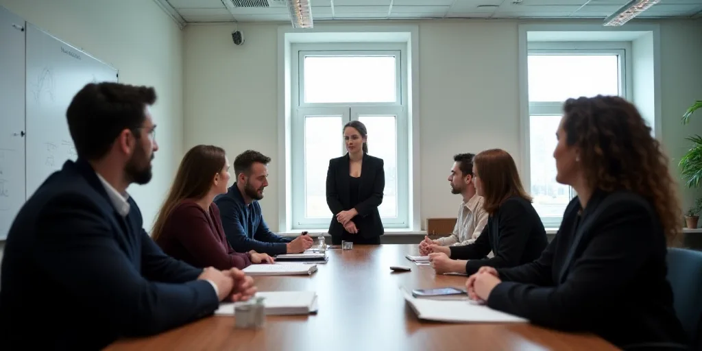 a group of people sitting around a table talking to each other in a meeting room with a woman standi