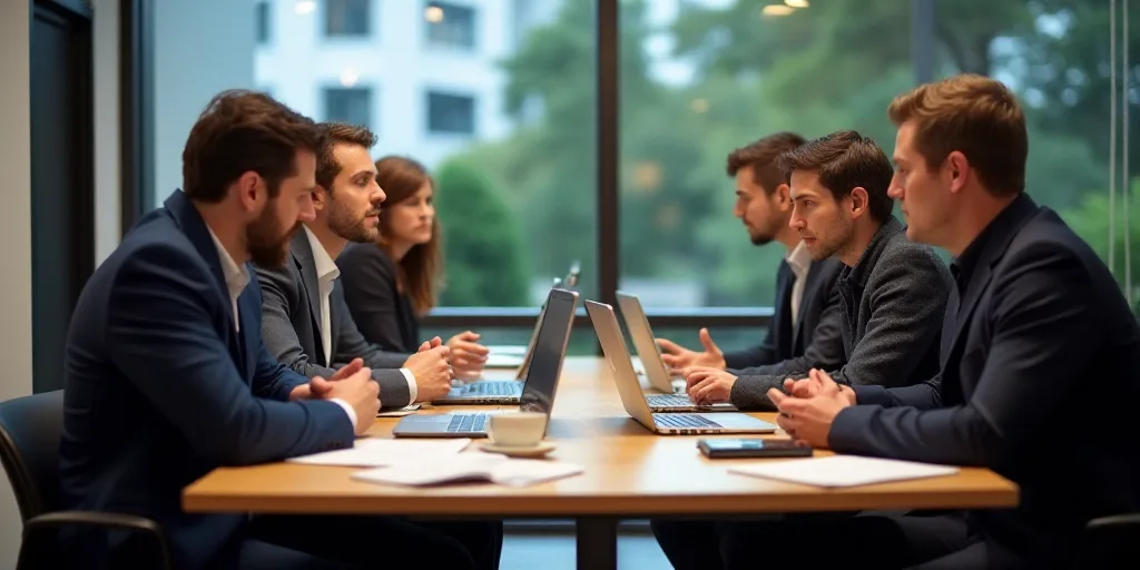 a group of people sitting around a table with laptops and papers in front of them, talking to each o