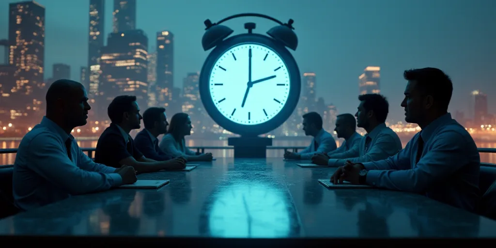 a group of people sitting around a table with a clock on it's face and a city in the background, Bee