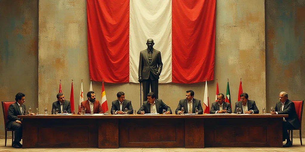 a group of people sitting at a table with flags in front of them and a statue of a man, David Alfaro