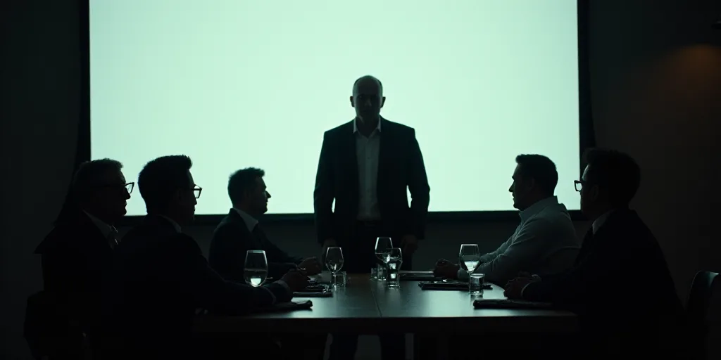 a group of people sitting at a table in front of a screen with a large screen behind them and a man