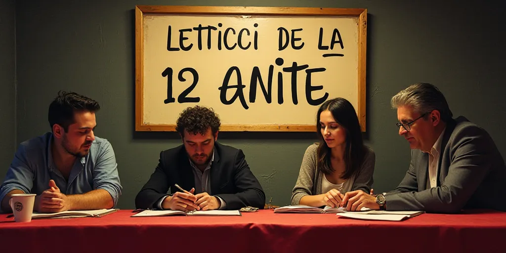 a group of people sitting at a table with a sign behind them that says, letticci de la 12 de anite,