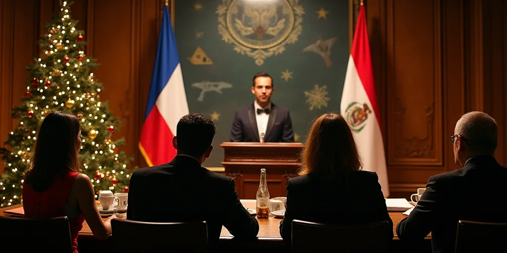 a group of people sitting at a table with a christmas tree in front of them and a flag behind them,
