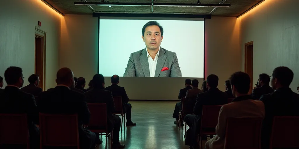 a group of people sitting in chairs in front of a screen with a picture of a man on it, Carlos Franc