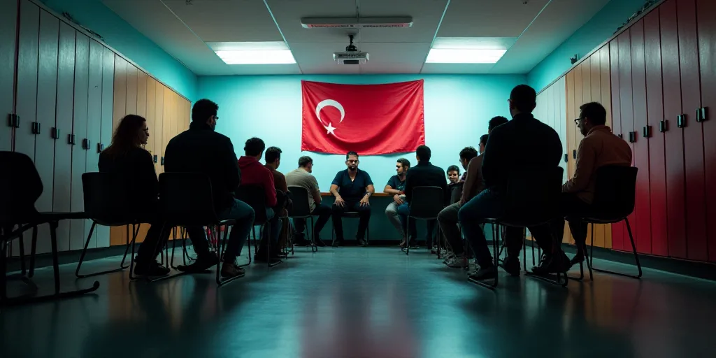 a group of people sitting in chairs in a room with lockers and a flag on the wall behind them, Cefer