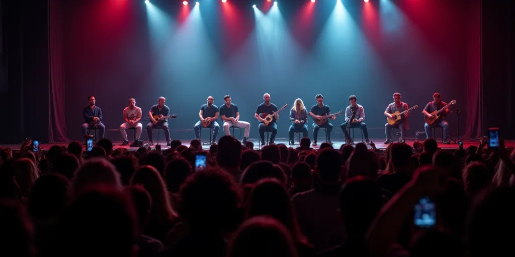 a group of people sitting on a stage in front of a crowd of people with cell phones in their hands,