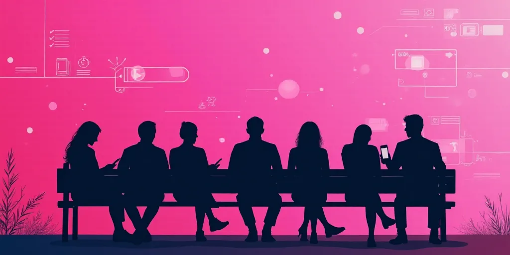 a group of people sitting on a bench looking at their phones with a pink background over them that s