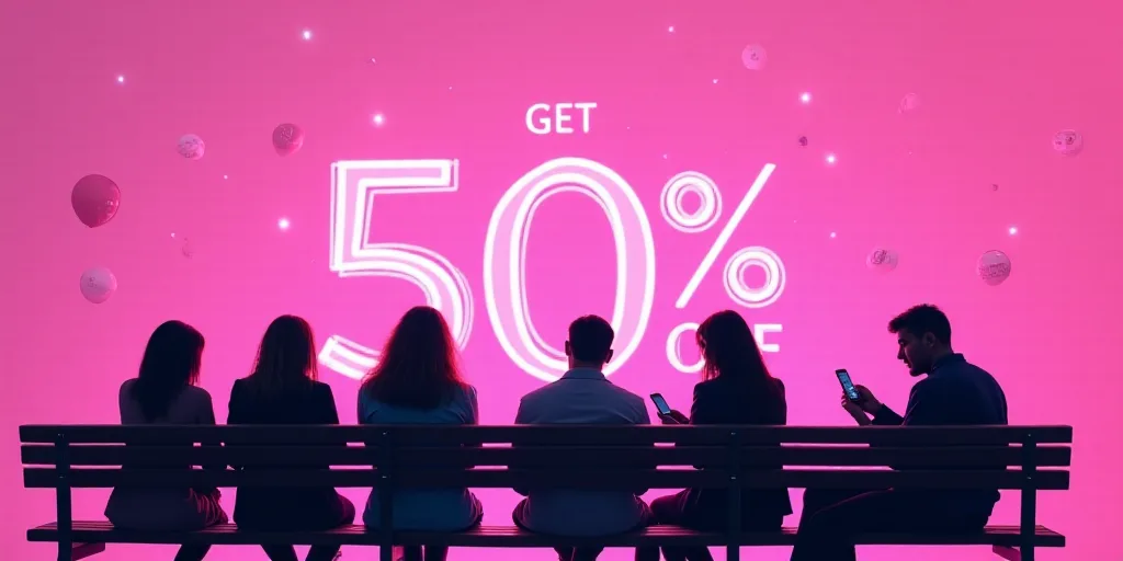 a group of people sitting on a bench looking at their phones with a pink background over them that s