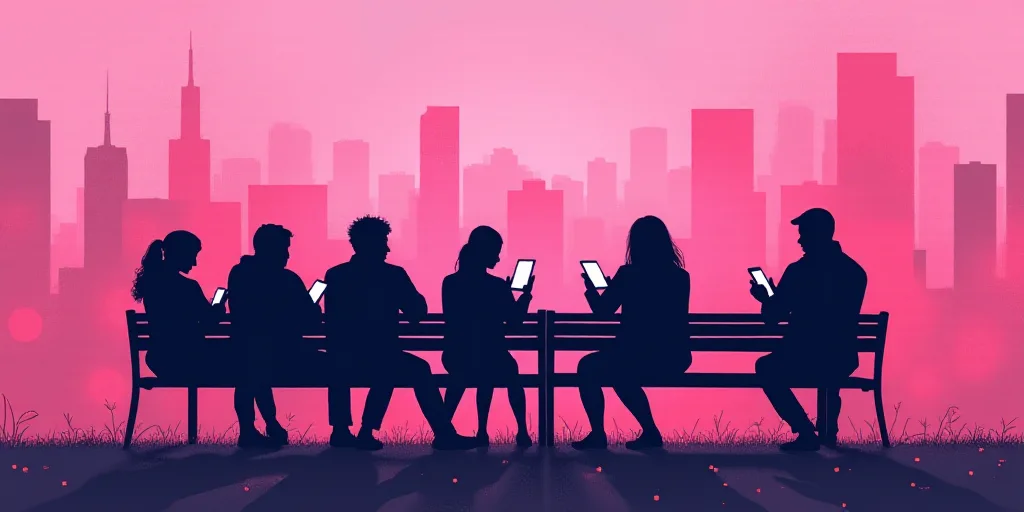 a group of people sitting on a bench looking at their phones with a pink background over them that s