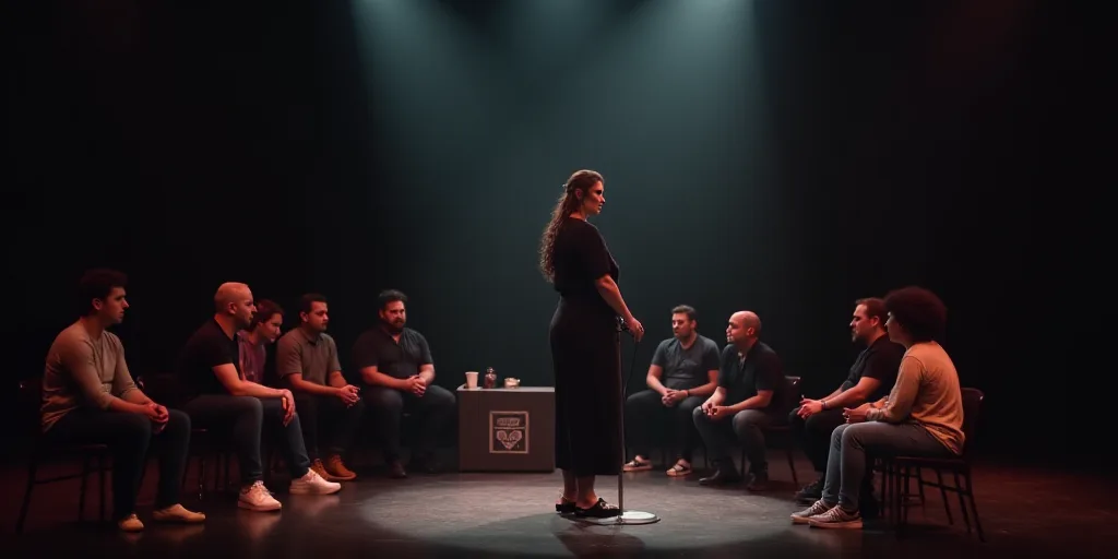 a group of people sitting on a stage talking to each other and one person standing up in front of a