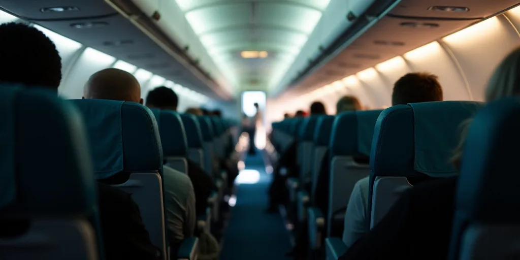 a group of people sitting on a plane with their backs turned to the side of the seats and facing the