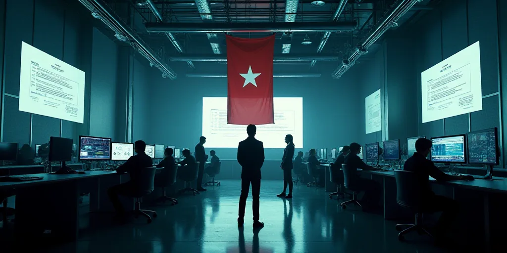a group of people standing around a room with a lot of monitors on the wall and a flag hanging from