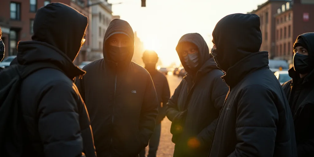 a group of people standing around each other in the street wearing masks and hoods on their faces an