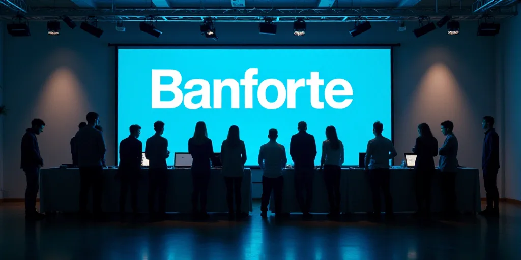 a group of people standing around a table with laptops on it and a large screen above them that says