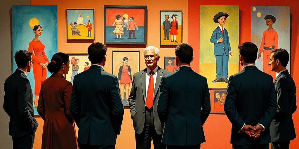 a group of people standing around a colorful display of art pieces with a man in a suit and tie, Die