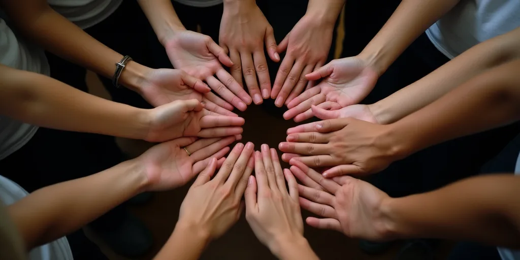 a group of people standing around each other with their hands together and clapping to each other wi