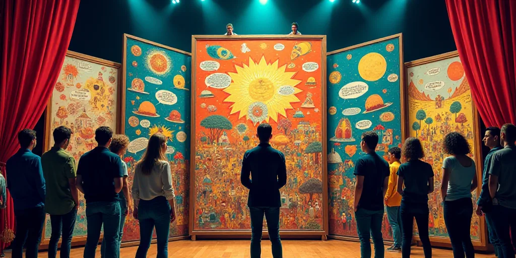 a group of people standing around a colorful display of artwork on a stage with a man in a suit, Cra
