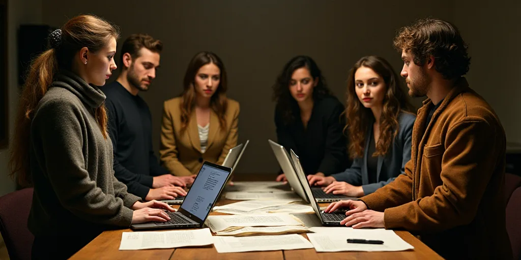 a group of people standing around a table with laptops on it and papers in front of them,, Araceli G