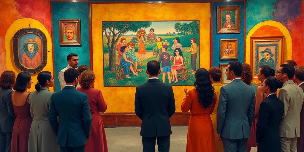 a group of people standing around a colorful display of art pieces with a man in a suit and tie, Die