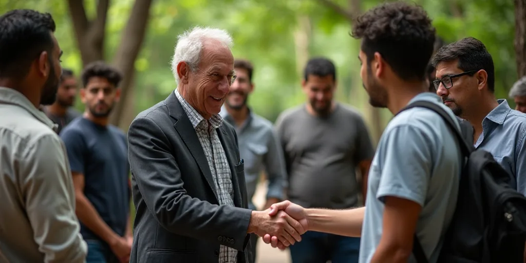 a group of people standing around each other shaking hands with each other in a park area with trees