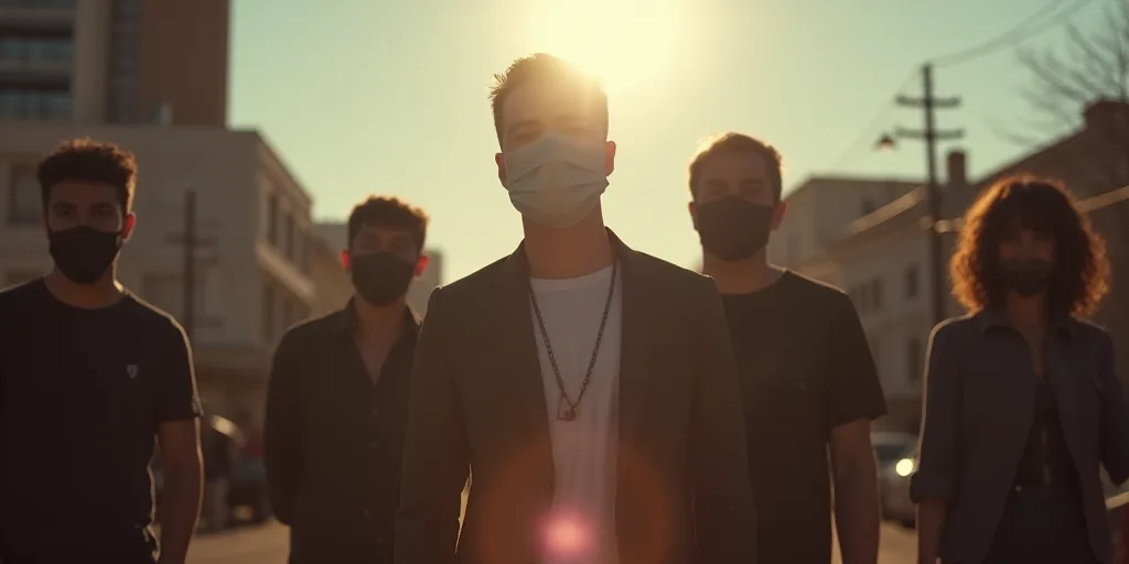 a group of people standing around each other in the street with a person wearing a face mask on thei