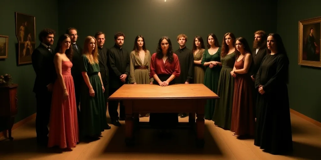 a group of people standing around a wooden table in a room with a light on it and a person standing