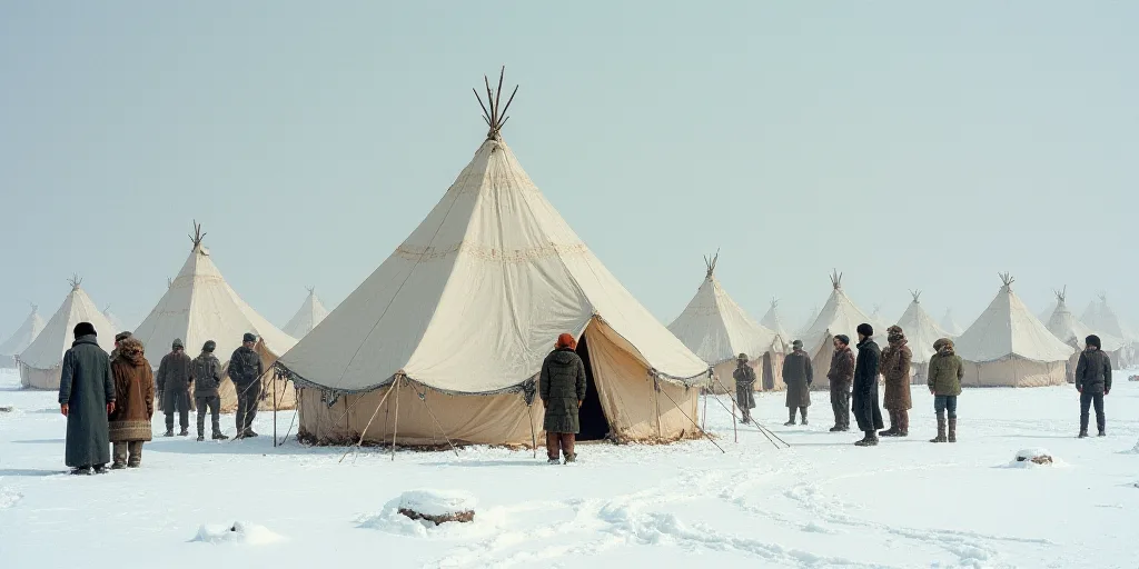 a group of people standing around a tent in the snow with tents in the background and people standin