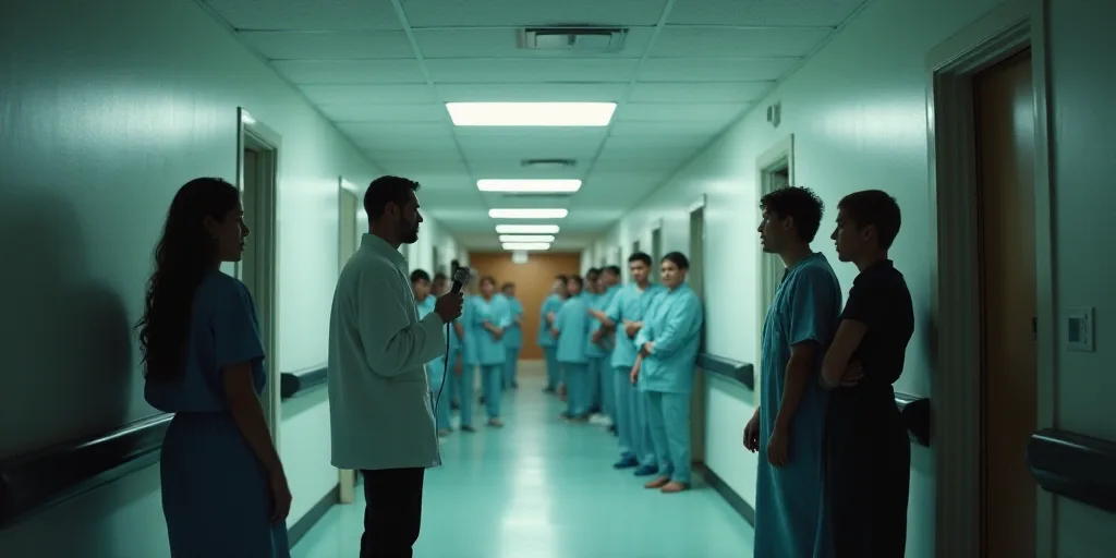 a group of people standing around a hospital hallway talking to each other and one man holding a mic