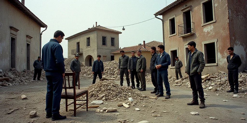 a group of people standing around a pile of rubble and debris with a chair in the foreground and a b