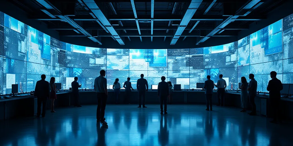 a group of people standing around a counter with lots of monitors on it's walls and a man walking by