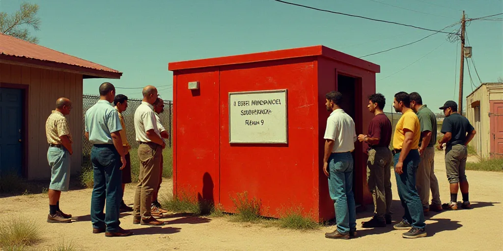 a group of people standing around a red box with a sign on it that says electrician subterance, Eddi