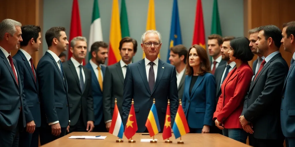 a group of people standing around a table with flags on it and a man in a suit and tie, Adolfo Müll