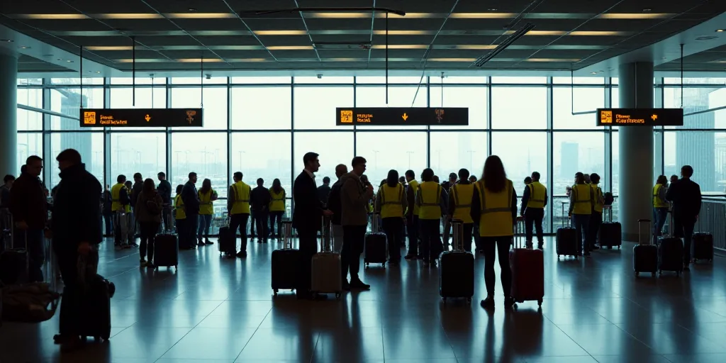 a group of people standing around a terminal with luggage bags on them and people in yellow vests st
