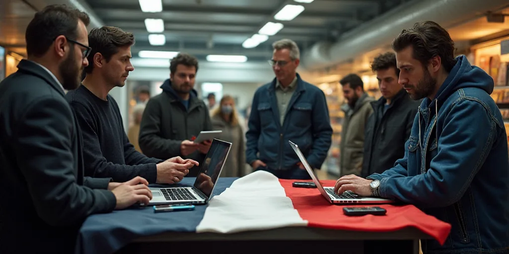 a group of people standing around a store with laptops and phones on a table with a flag on it, Doug