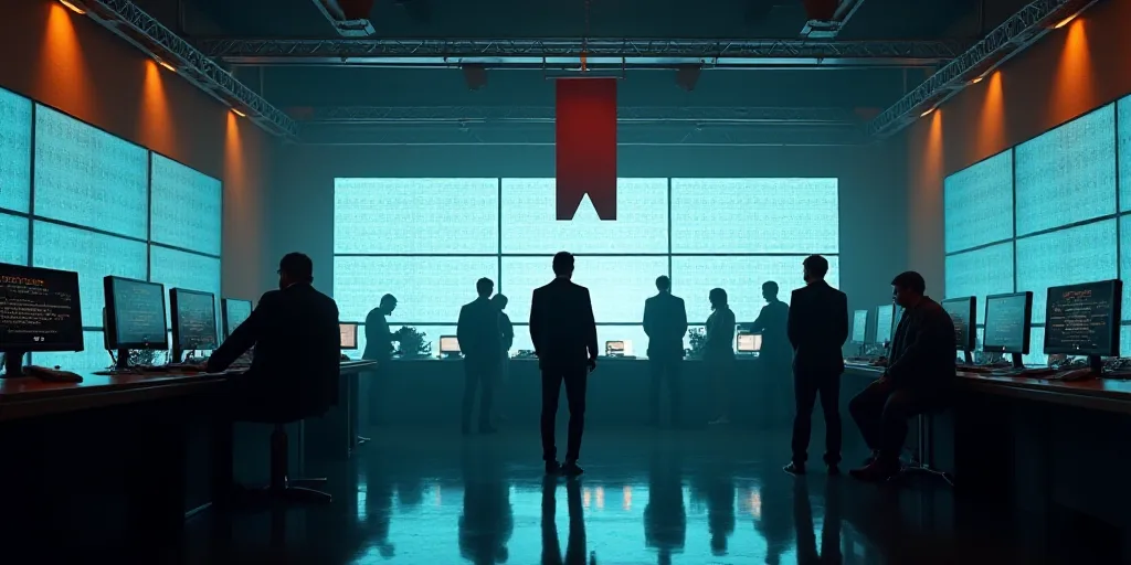 a group of people standing around a room with a lot of monitors on the wall and a flag hanging from