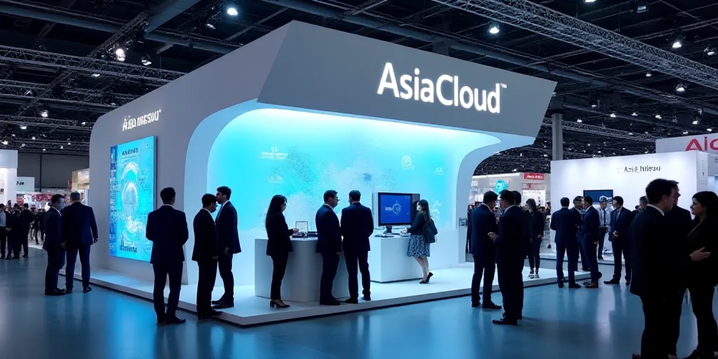 a group of people standing around a booth at a trade show with a sign that says asia cloud on it, Ai