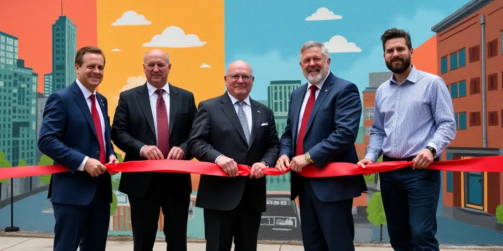 a group of people standing behind a ribbon cutting a ribbon at a ribbon cutting ceremony for a new f