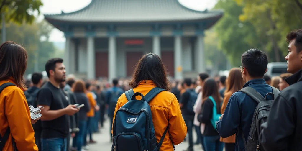 a group of people standing in front of a building with a crowd of people standing around them and on