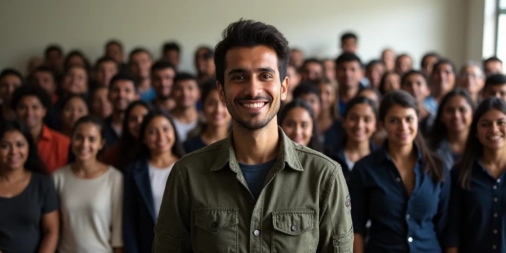 a group of people standing in a room together with a large group of people behind them, all smiling,