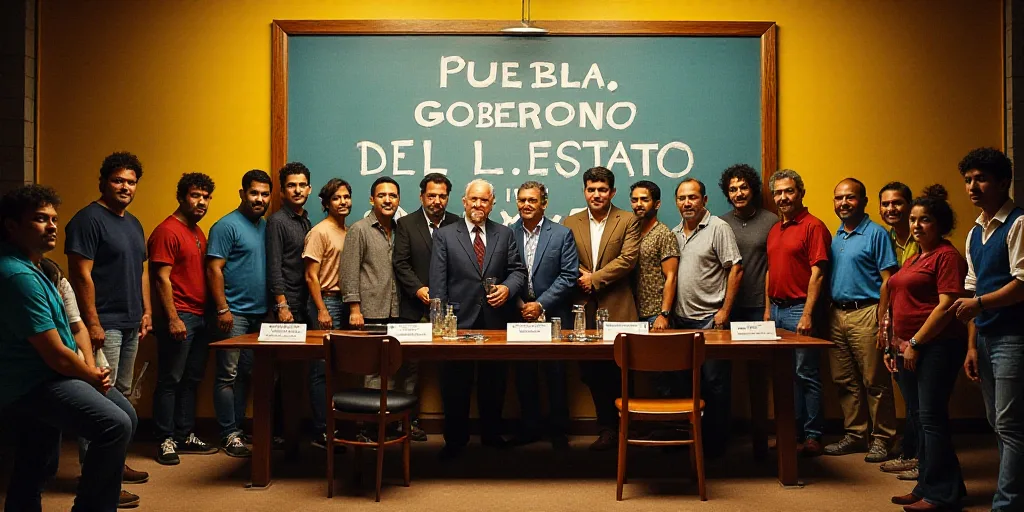 a group of people standing in front of a table with a sign behind them that says puebla goberno del