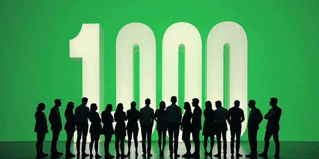a group of people standing in front of a sign that says 100 on it and a green background with a whit