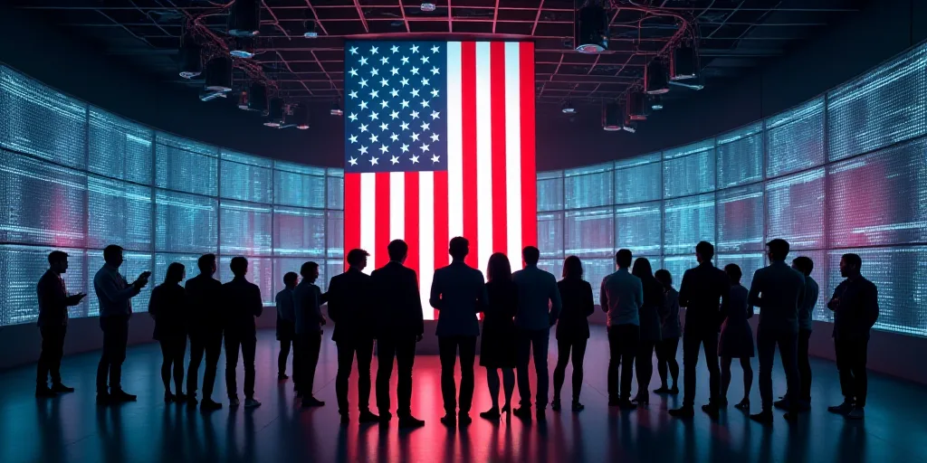 a group of people standing in front of a stock market with an american flag hanging from the ceiling