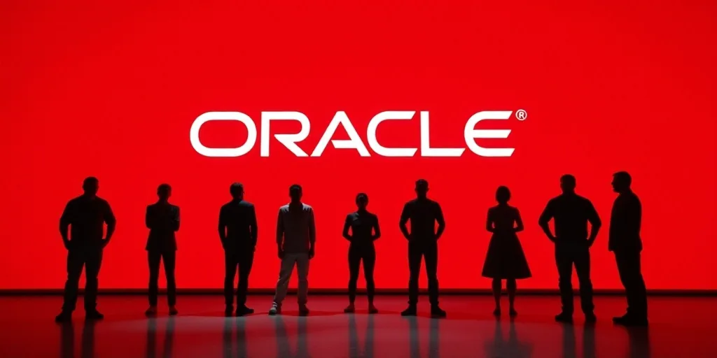 a group of people standing in front of a oracle logo on a red wall with a red background and a white