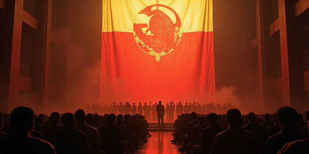 a group of people standing in front of a large flag in a room filled with people sitting down and ra