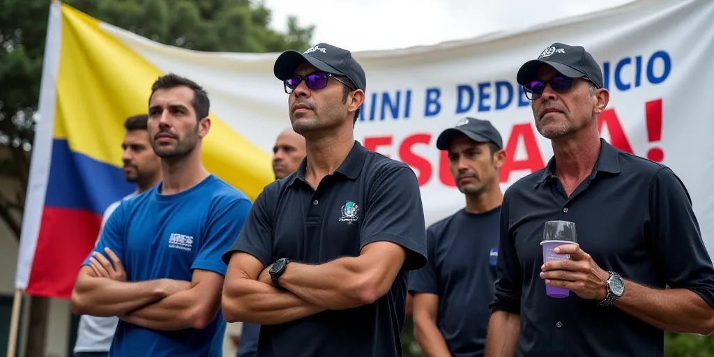 a group of people standing in front of a political sign with a flag behind them and a banner behind