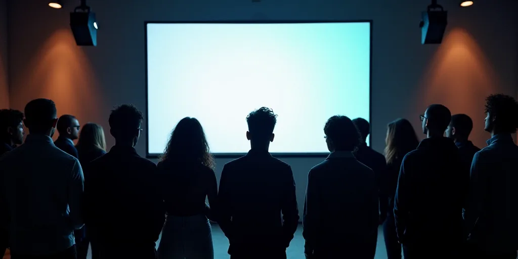 a group of people standing in front of a screen with a presentation on it's screen behind them, Edua