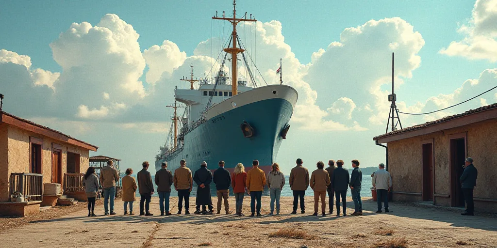 a group of people standing next to each other in front of a building with a large ship in the backgr