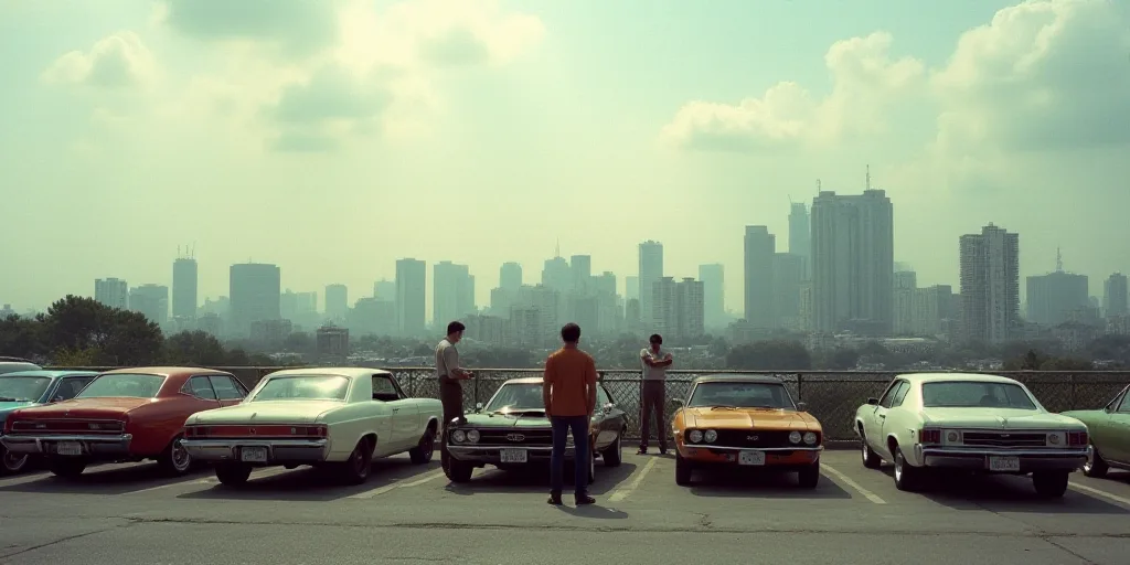 a group of people standing next to a row of parked cars in a parking lot with a city in the backgrou