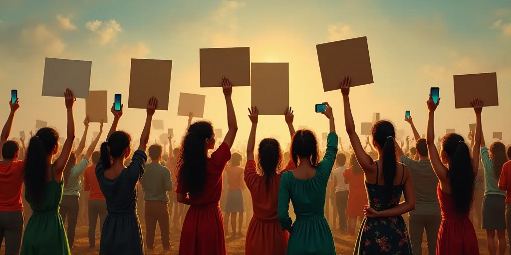 a group of people standing next to each other holding up signs and taking pictures with their cell p