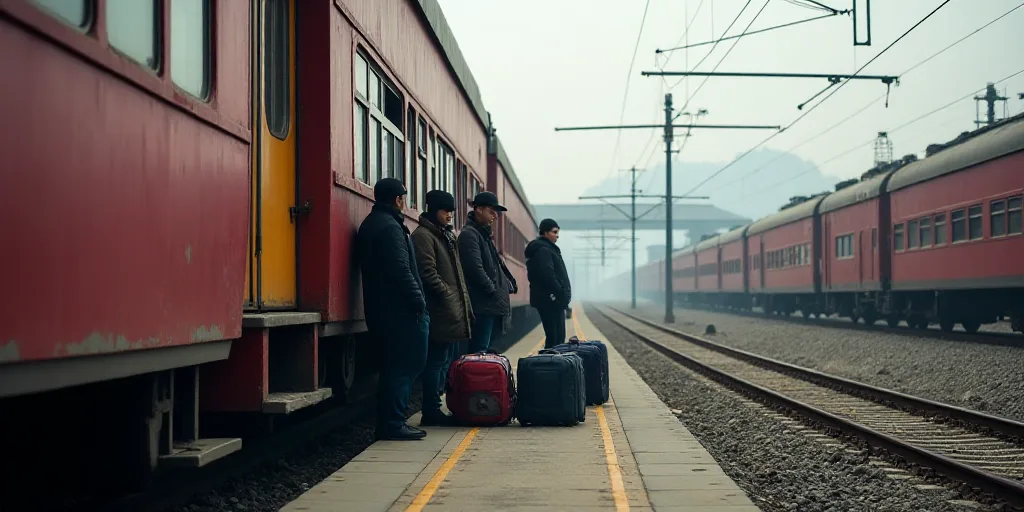a group of people standing next to a train at a train station with luggage on the ground and a train
